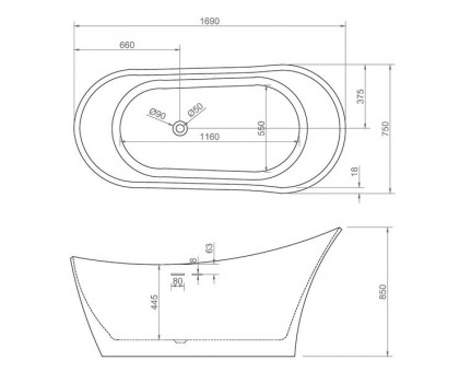 Акриловая ванна ABBER AB9245 169х75 см отдельностоящая